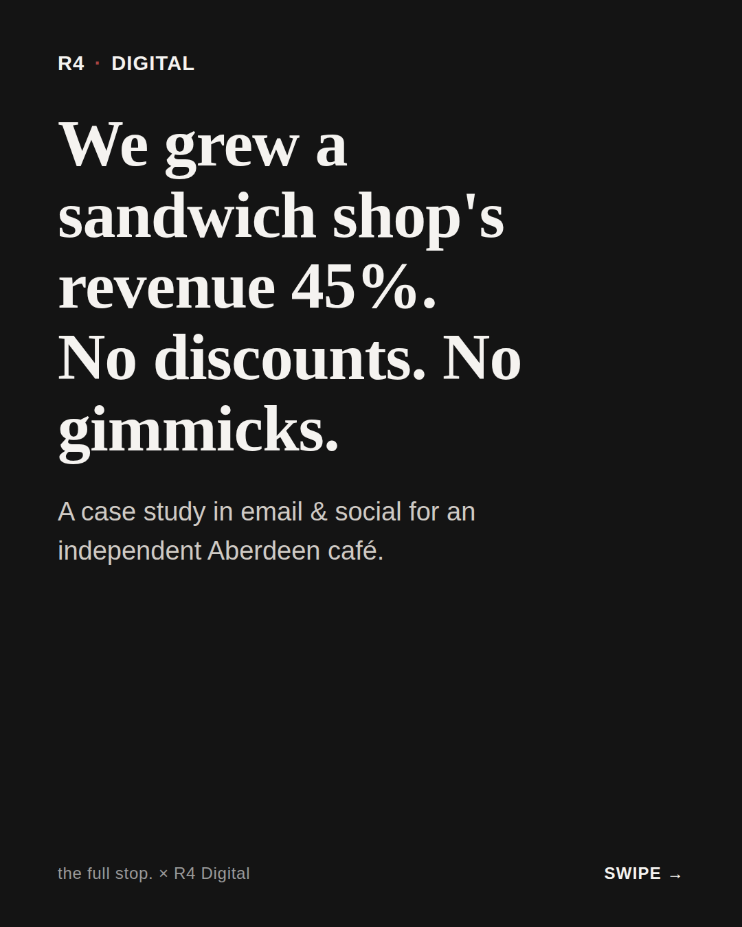 the full stop case study, slide 1 of 5: We grew a sandwich shop's revenue 45 percent. No discounts. No gimmicks.