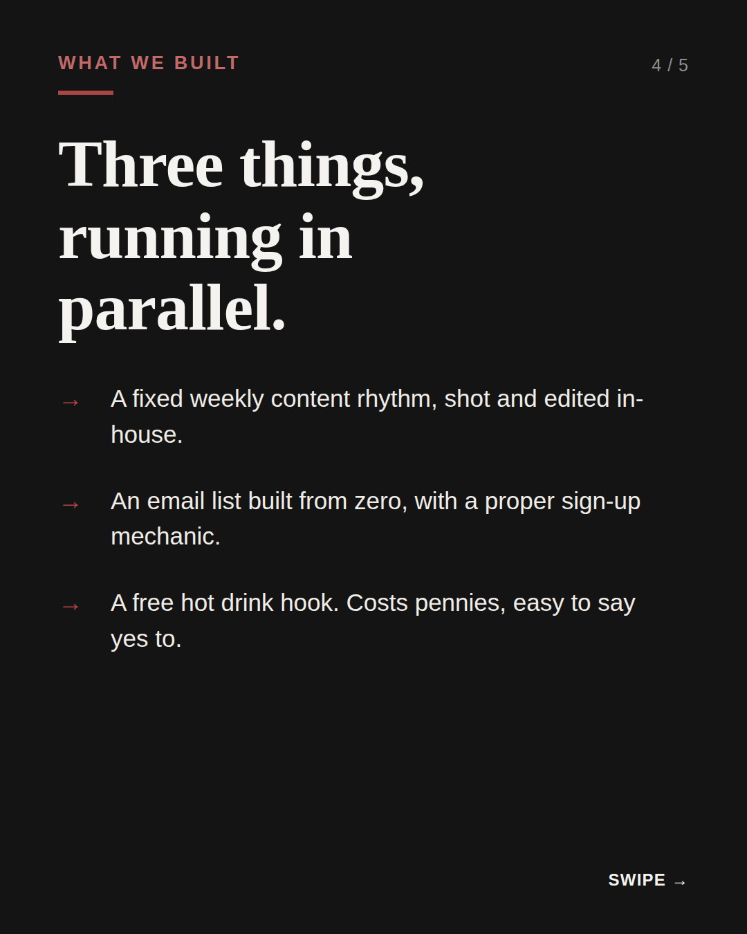 the full stop case study, slide 4 of 5: Three things, running in parallel.